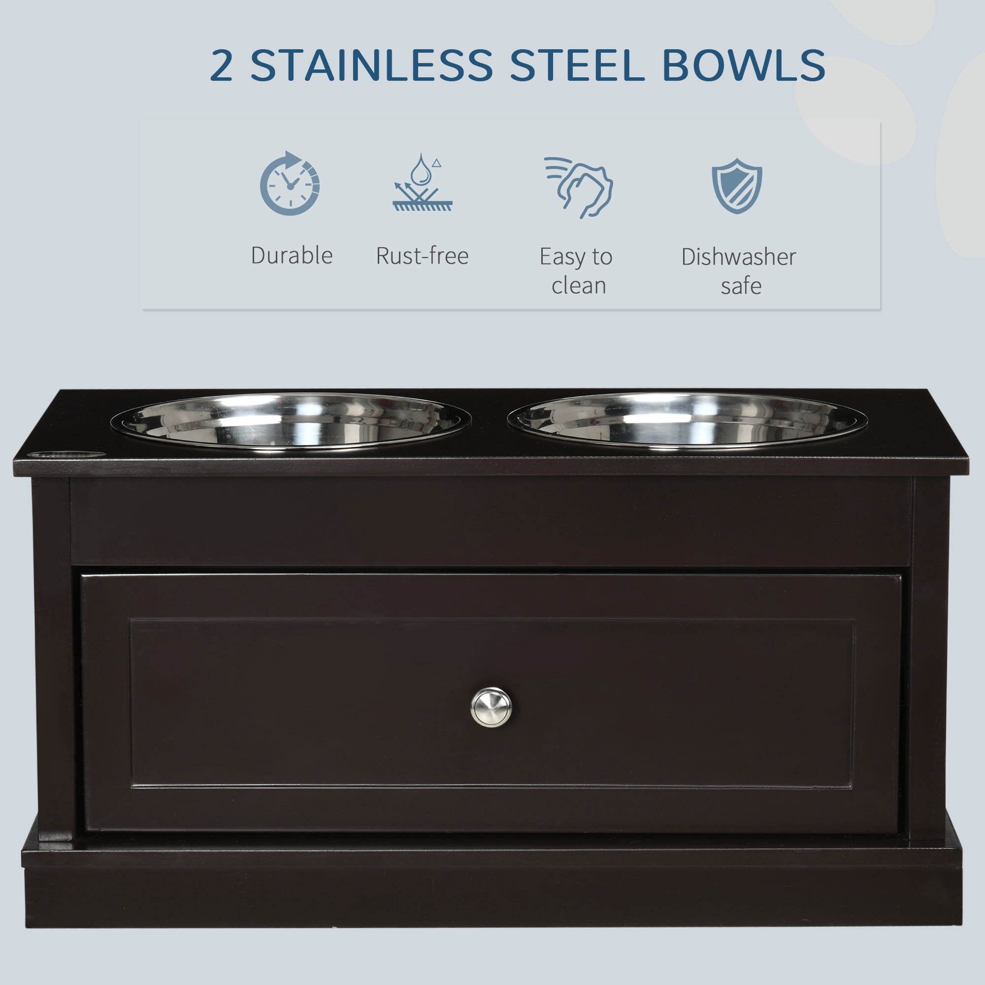 PawHut Large Elevated Dog Bowls with Storage, Raised Dog Bowl Stand, Brown