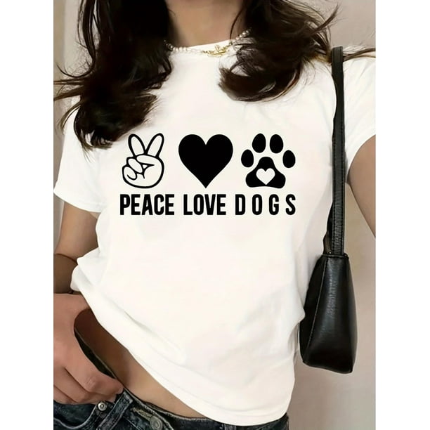 Women'S Vintage Crew Neck T-Shirt, Geometric-Patterned Polyester Knit Fabric, Short Sleeve Regular Length Top with "Peace Love Dogs" Print for Summer