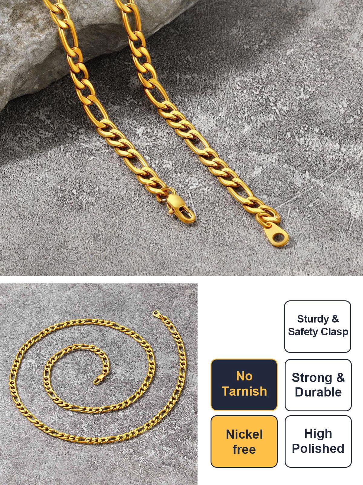 U7 Figaro Chain for Mens Stainless Steel 5MM 20 Inch Men Women 14K Gold Plated Chain Necklace Birthday Gift