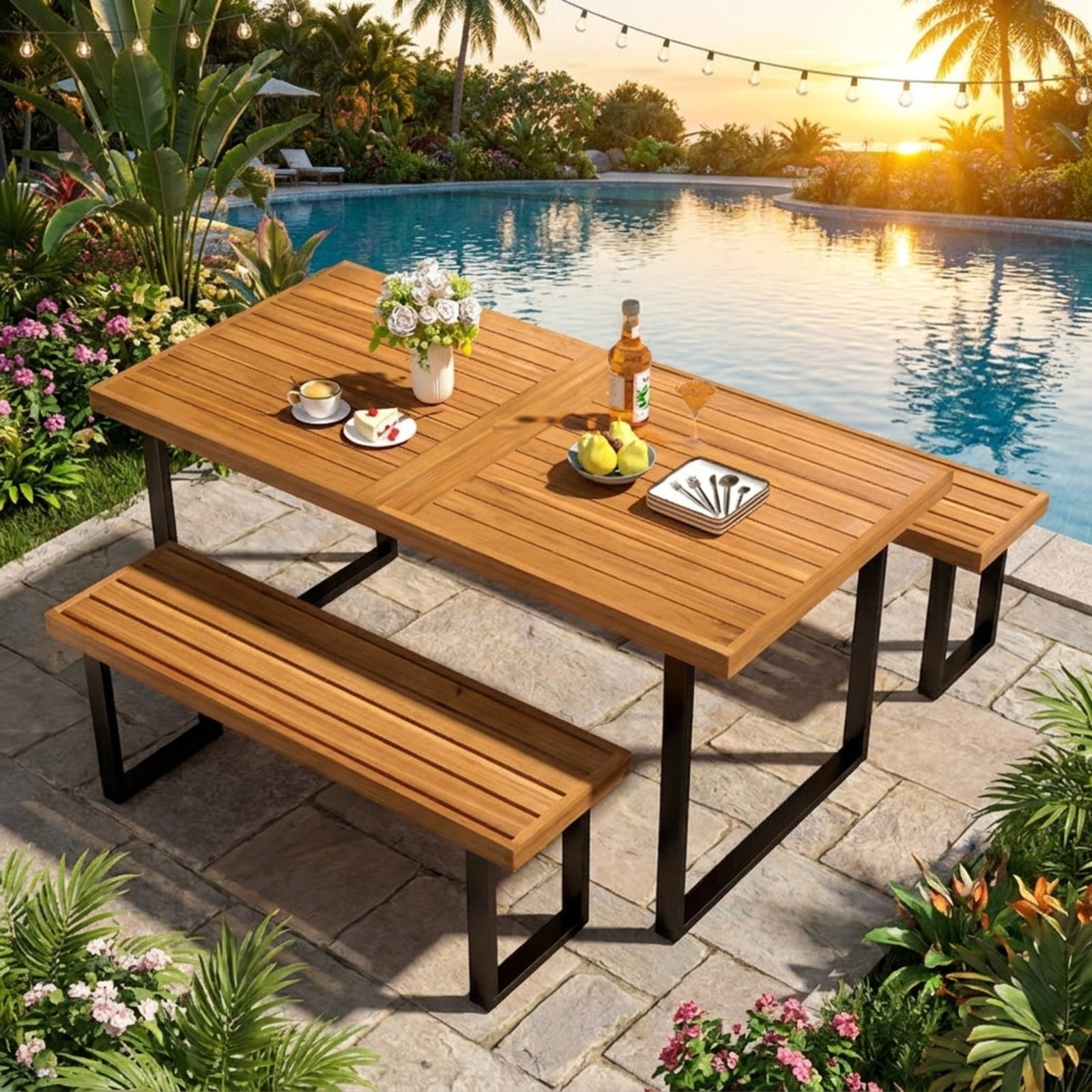Biotree 3 Piece Patio Dining Table Set outdoor furniture set with 63 inch rectangle table and 2 backless benches for garden backyard and porch, Natural+Black