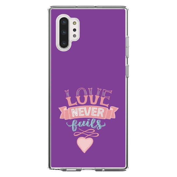 DistinctInk Clear Shockproof Hybrid Case for Galaxy Note 10 PLUS (6.8" Screen) - TPU Bumper, Acrylic Back, Tempered Glass Screen Protector - 1 Corinthians 13 - Love Never Fails - Heart