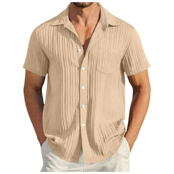 LIUJUNSHOP Men's Short Sleeve Summer Casual Shirt Solid Striped Tropical Beach Holiday Top Khaki XXL