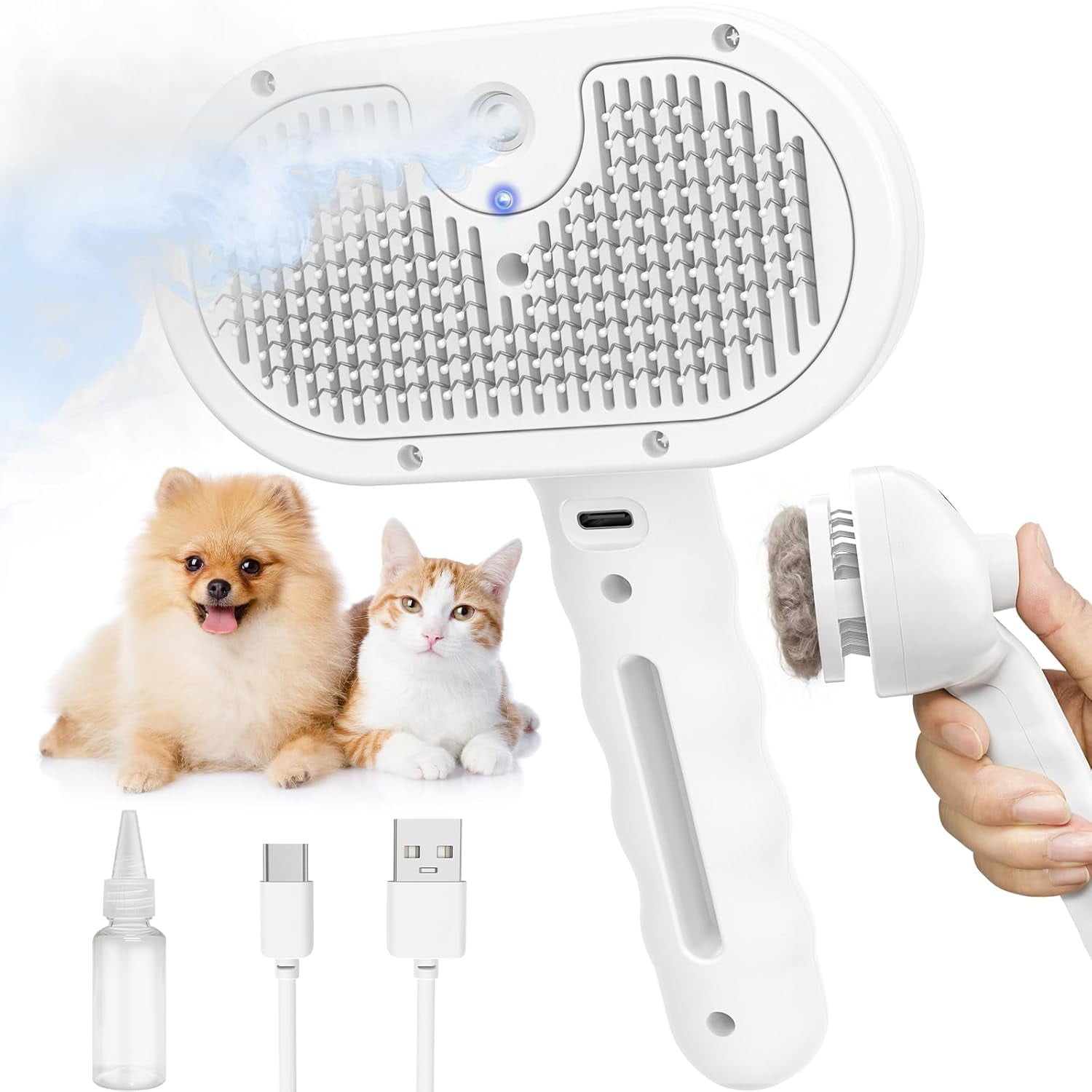 Pet Grooming Brush with Mist Spray for Cats & Dogs, Deshedding Pet Steam Brush with Soft Bristles, Hair Smoothing Comb, White