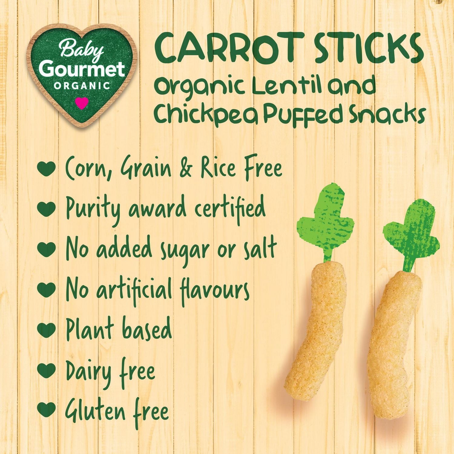 Baby Gourmet Organic Puffed Carrot Sticks, Organic Lentil & Chickpea puffed Snacks - 40 g