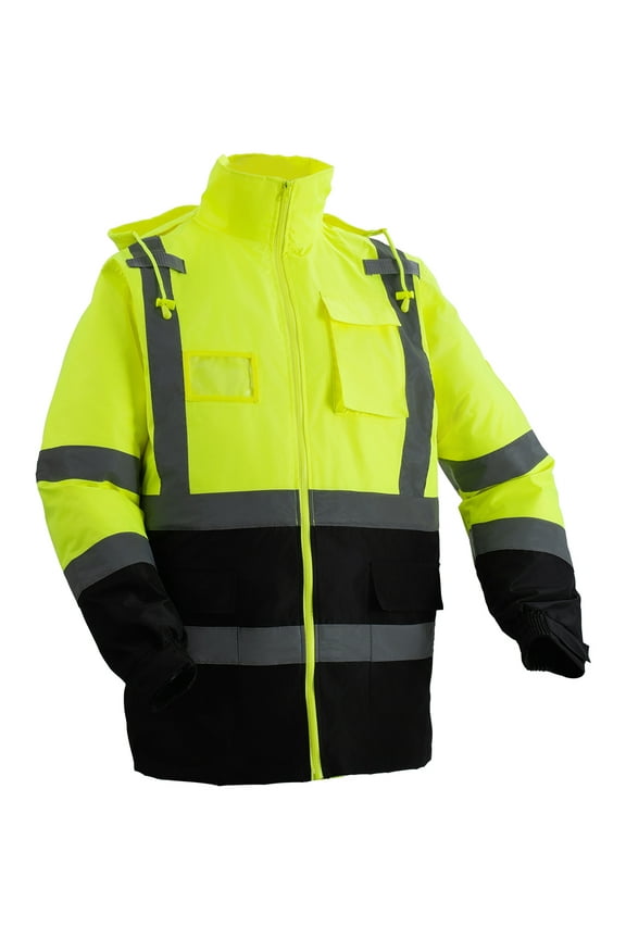High Visibility Reflective Safety Jacket, Waterproof Safety Hoodie, Work Construction Coat with Pockets for Men & Women, Rain Gear Meet ANSI & Class 3, Hi Vis Yellow Coat with Black Bottom, L