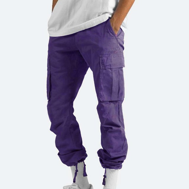 CHOK Men Flap Pocket Drawstring Elastic Waist Cargo Pants Straight-Fit Casual Pants Solid Trousers Relaxed Plus Size Long Pant