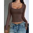 thumbnail image 4 of Camisas de Larga para Mujer, Tops Cortos, Cuello Cuadrado, Camisetas Básicas para Salir, Ropa de Invierno Y2K 2025 Marrón Oscuro S, 4 of 7