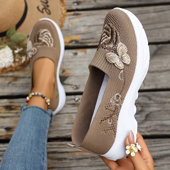 Domzle Womens Butterfly Embroidered Loafers Orthopedic Shoes Slip on Walking Shoes Breathable Mesh Casual Loafers Lightweight Slip-on Sneakers Khaki 36