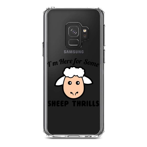 DistinctInk Clear Shockproof Hybrid Case for Samsung Galaxy S9 (5.8" Screen) - TPU Bumper Acrylic Back Tempered Glass Screen Protector - I'm Here for Some SHEEP Thrills