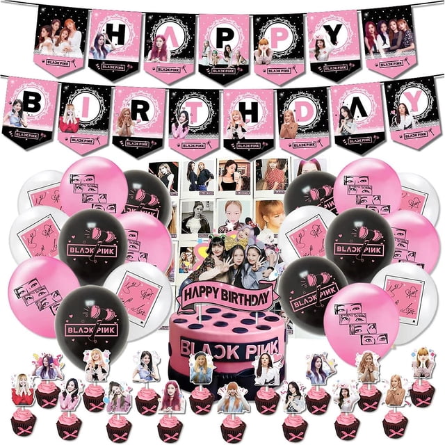 Suministros de fiesta de Blackpink para fans, decoraciones de fiesta de cumpleaños: 1 pancarta de fiesta de Blackpink, 18 globos de fiesta de Blackpink, 17 adornos para tartas de Blackpink, 20 ne
