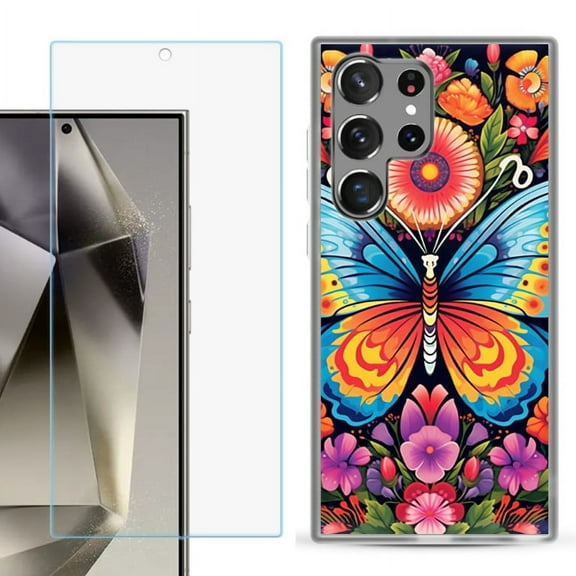 OneToughShield ® Compatible with Samsung Galaxy S24 Ultra, Shockproof Phone Case, with Tempered Glass Screen Protector - Butterfly Garden
