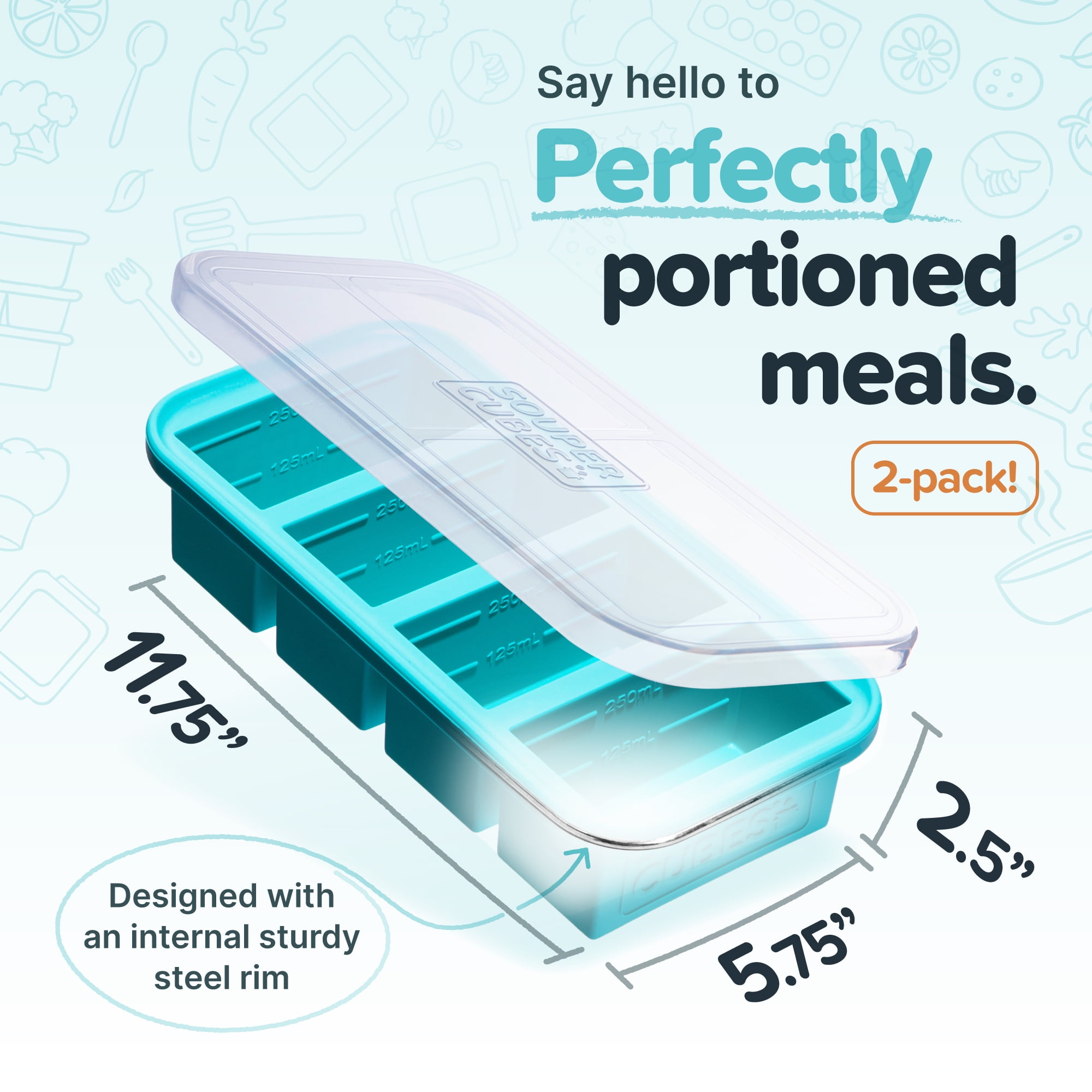 Souper Cubes 1 Cup Freezing Tray with Lid, Silicone Soup Freezer Molds for Freezing Broth, Soup, Leftovers and More, 2-Pack - Aqua