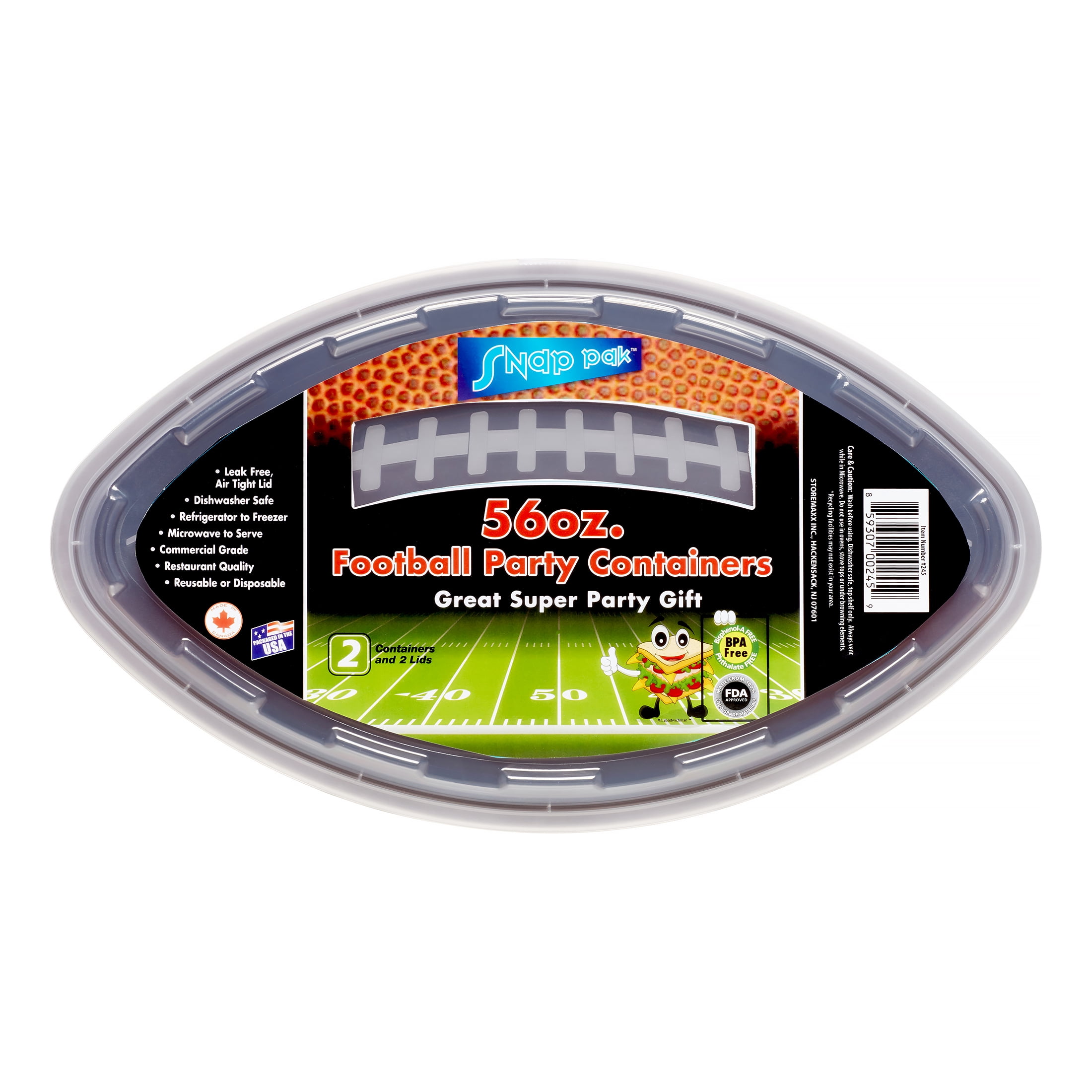 Snap Pak Football Food Storage Containers, Football Shape, Black, 56 Oz