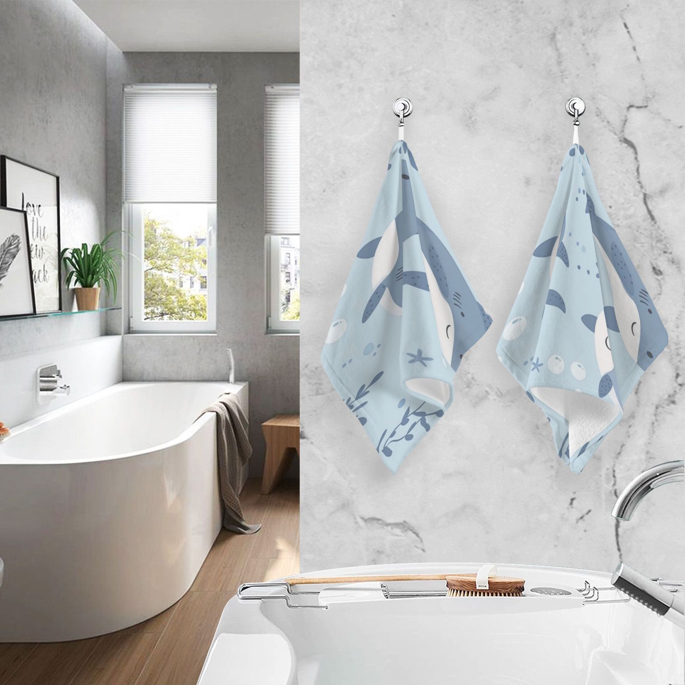 Cotton Towel Two-Piece 16x28 Inch One Sizex2 Face Towel Set Towel Set Cotton Hand Bath Towel Bathroom Beach Super Cute Little Shark