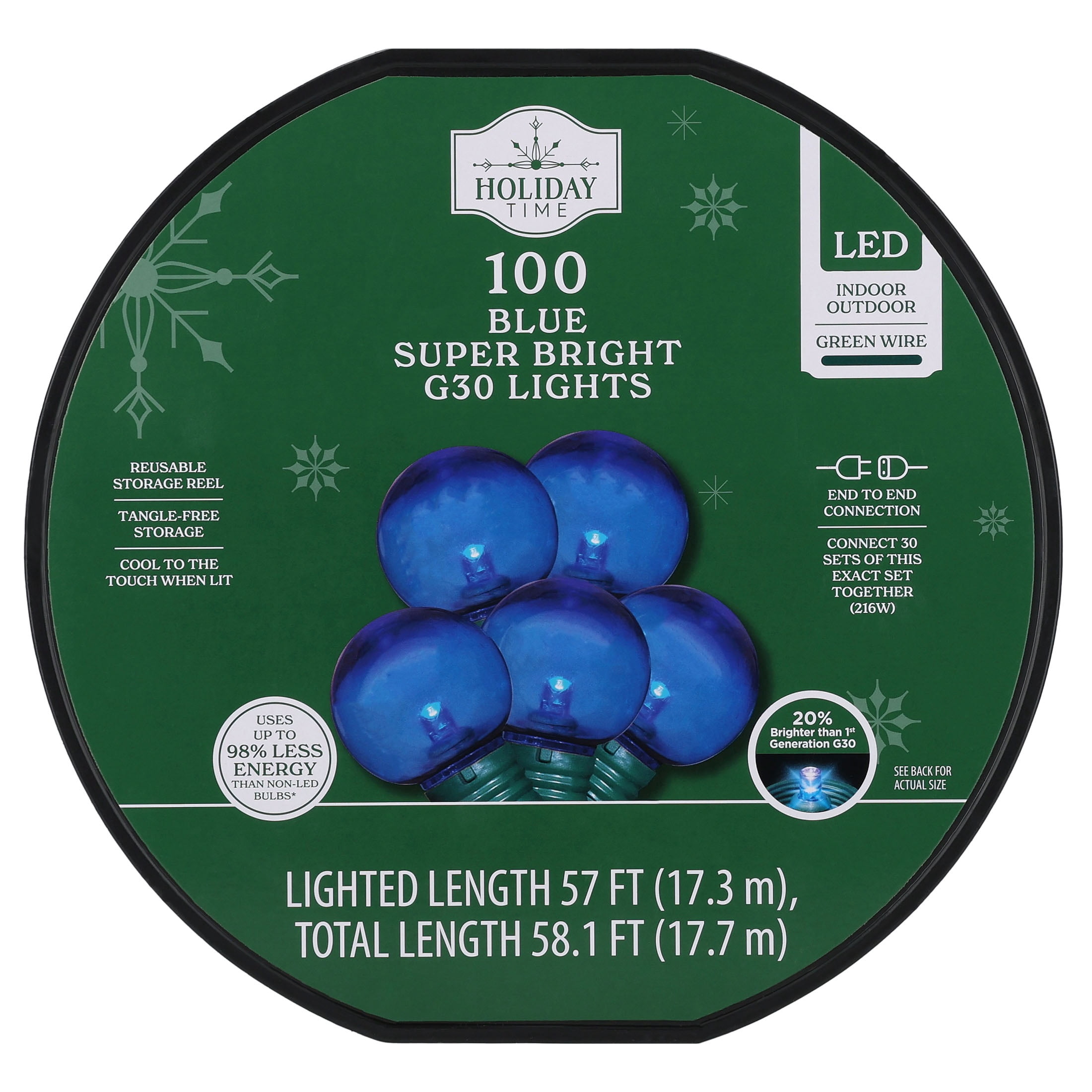 Indoor/Outdoor 100-Count LED Super Bright G30 Christmas String Lights, Blue, Green Wire, 57', by Holiday Time
