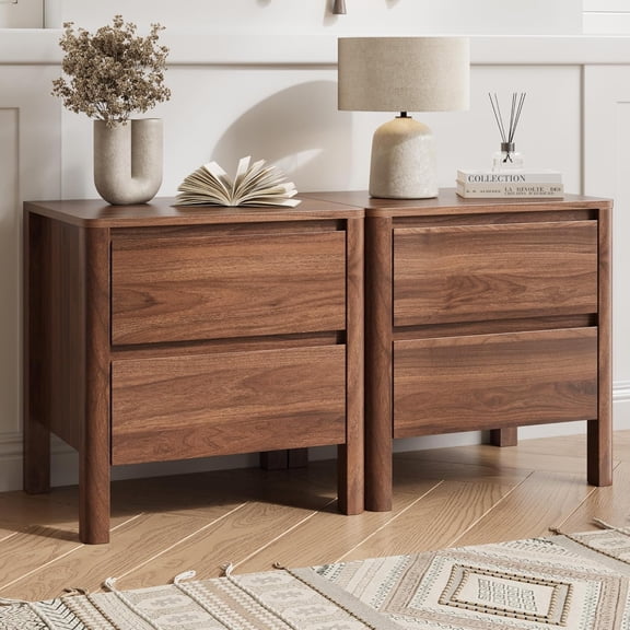Walnut Nightstands Set of 2, Mid Century Modern Bedside Table with Hidden Handles and Wood Legs, Wooden End Table with 2 Drawers for Bedroom