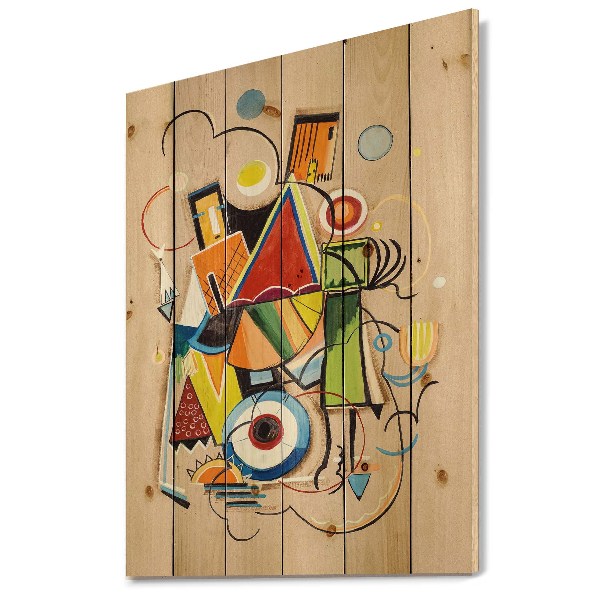 Designart 'Abstract Compositions Of Colored Geometric I' Modern Print on Natural Pine Wood
