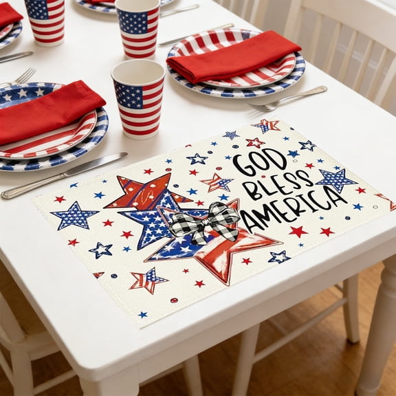 Patriotic Placemat for 4th of July, Linen Red White Blue Table Mat for Memorial Day Veterans Day BBQ and Outdoor Party Decoration