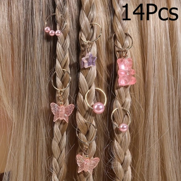 14Pcs Pink Braid Hair Charms, Bear Butterfly Star Pearl Dreadlock Hair Rings Accessories Hair Clips