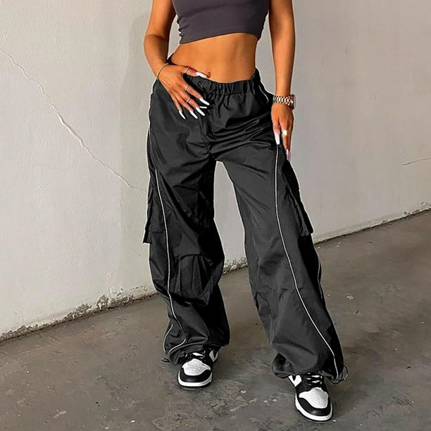 WILLBEST Pantalones Cargo Casuales para Mujer, con Bolsillo Retro, Cintura Baja, Cordón Ajustable, Ajustados, Rectos, Tejidos, para Uso Diario Grande