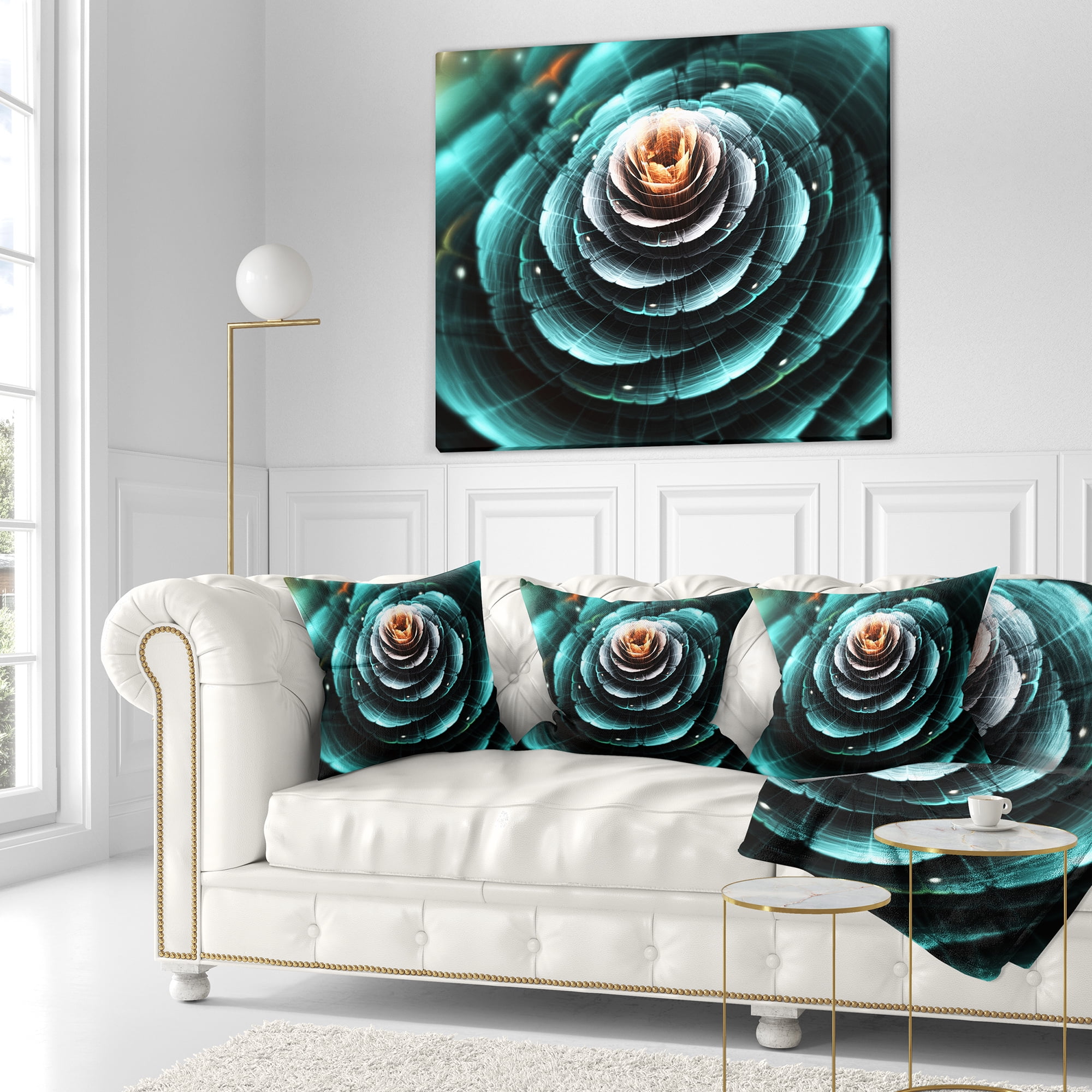 Designart Fractal Flower Clear Turquoise Digital Art - Floral Throw Pillow - 18x18