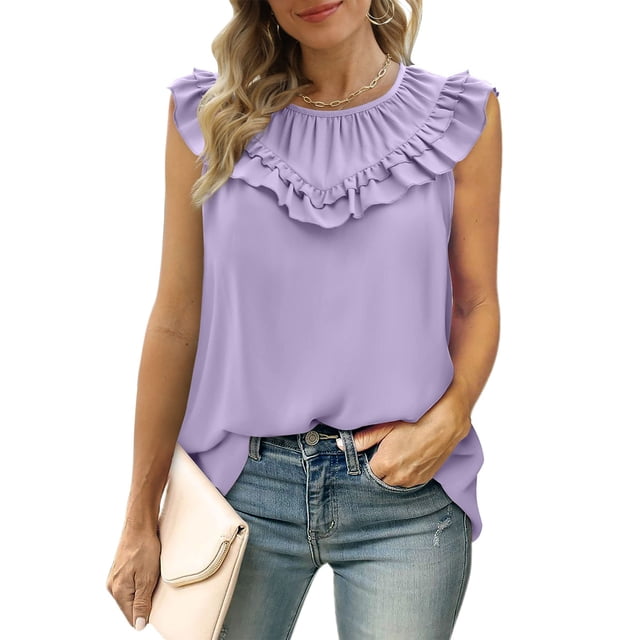 QUINDOS Tops Débardeurs pour Femmes Violets Mode Gym Col Rond Sans Manches Blouse T-Shirt d'Été Unis Blouse Camisoles Camisoles pour Femmes Grande Taille