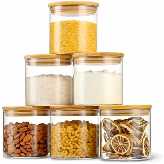 22oz Straight cylindrical Airtight Storage Jars with Bamboo Lid Set of 6 Storage Container Stackable Spice Jar, Kitchen Canister for Sugar, Tea, Cookies and Coffee beans (with Black Lable)