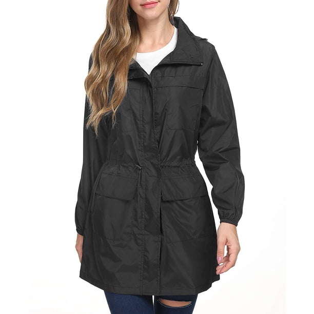 Chaqueta con capucha para mujer Impermeable de manga larga con cintura elástica y cremallera Gabardi Abanopi Negro/Pequeña