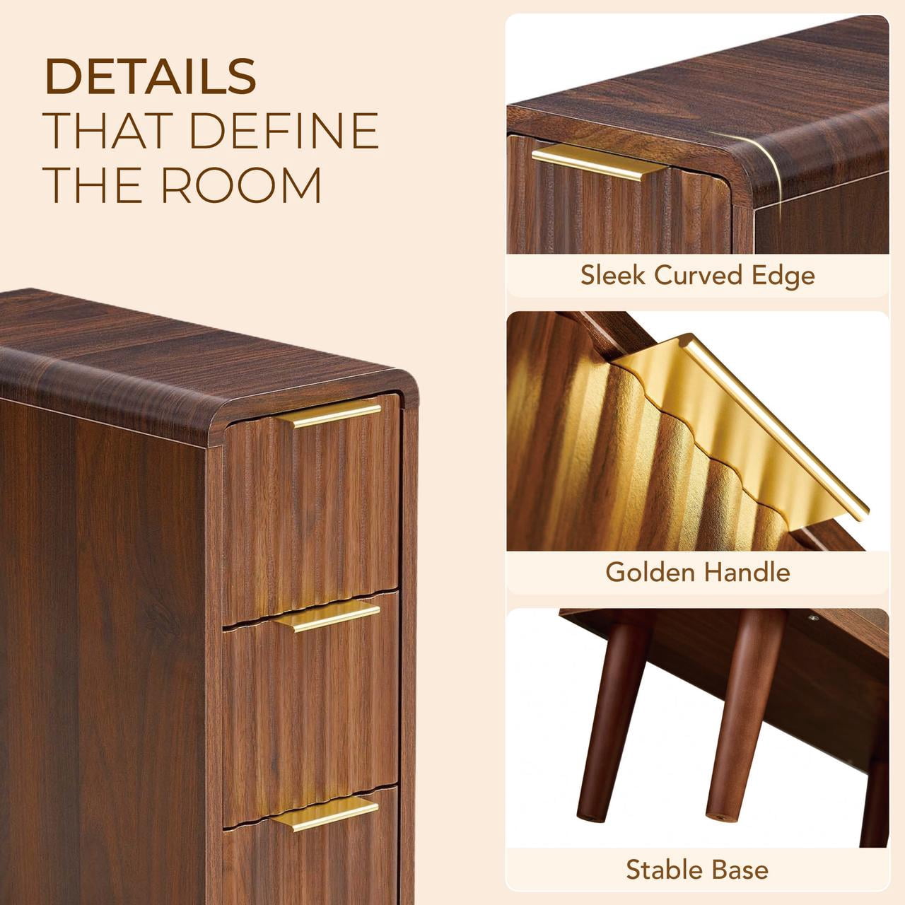 Spruce & Spring Mid-Century Modern Narrow Nightstand with 3 Drawers for Bedroom & End Table for Small Spaces, Fluted Front, Walnut