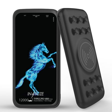 

INFUZE Qi Wireless Portable Charger for iPhone 14 14 Max 14 Pro 14 Pro Max - External Battery (12000 mAh 18W Power Delivery USB-C/USB-A Quick Charge 3.0 Ports Suction Cups) - Blue Horse Flame