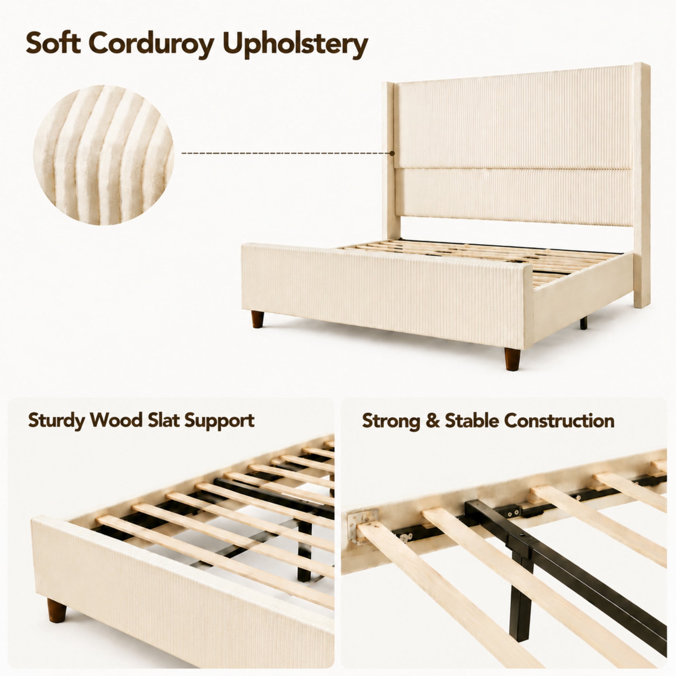 Noble House Abriele Queen Size Corduroy Upholstered Wingback Bed Frame with Solid Wood Legs & Center Support, Beige