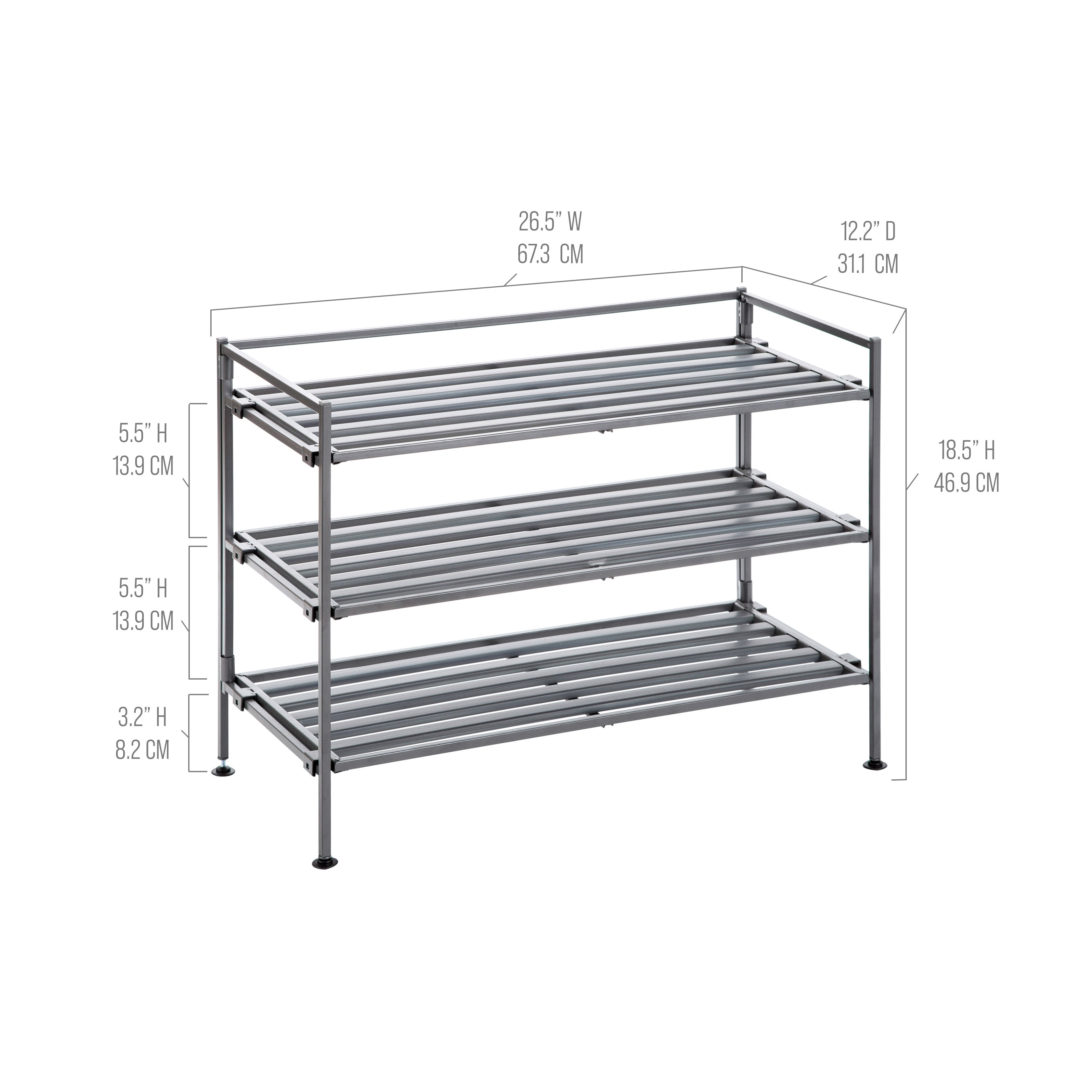 Seville Classics 3-Tier Stackable 9-Pair Resin Slat Metal Frame Shoe Storage Rack Organizer, Gray