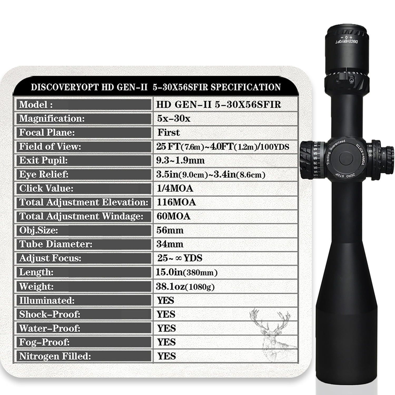 DISCOVERYOPT HD GEN2 5-30X56 Long-Range Shooting Riflescope Side Focus 34mm With Illuminated Reticle