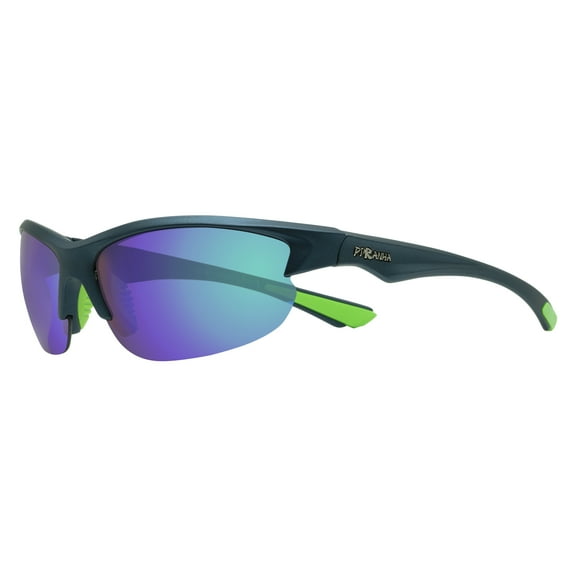 Piranha Eyewear Lynx 5 Dark Blue Unisex Sports Sunglasses with Green Trim and Blue Mirror Lens