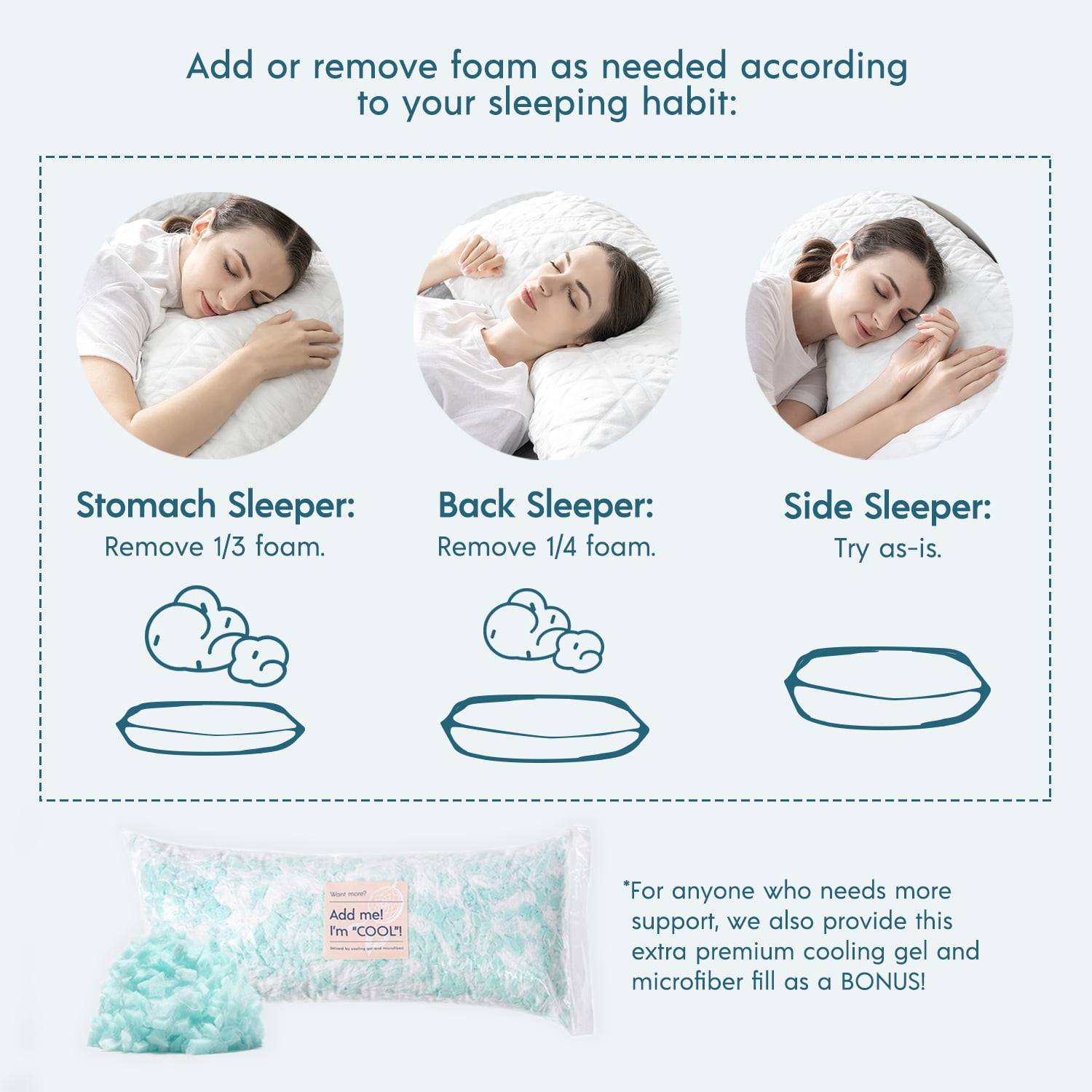 Premium Adjustable Cooling Shredded Memory Foam Bed Pillows for Sleeping, King, 19" x 35", 1 Pack