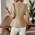 thumbnail image 5 of Mifsaly Womens Peplum Tops V Neck Puff Sleeve Button Down Shirts Ruffle Hem Fitted Waist Summer Casual Elegant Tunic Top Khaki,M, 5 of 7