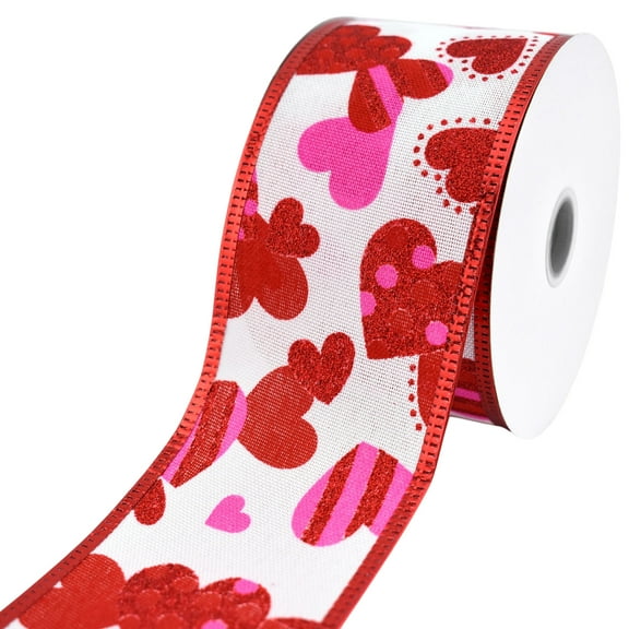 Homeford Valentine's Dotted Striped Hearts Faux Linen Wired Ribbon, 2-1/2-inch, 10-yard, White