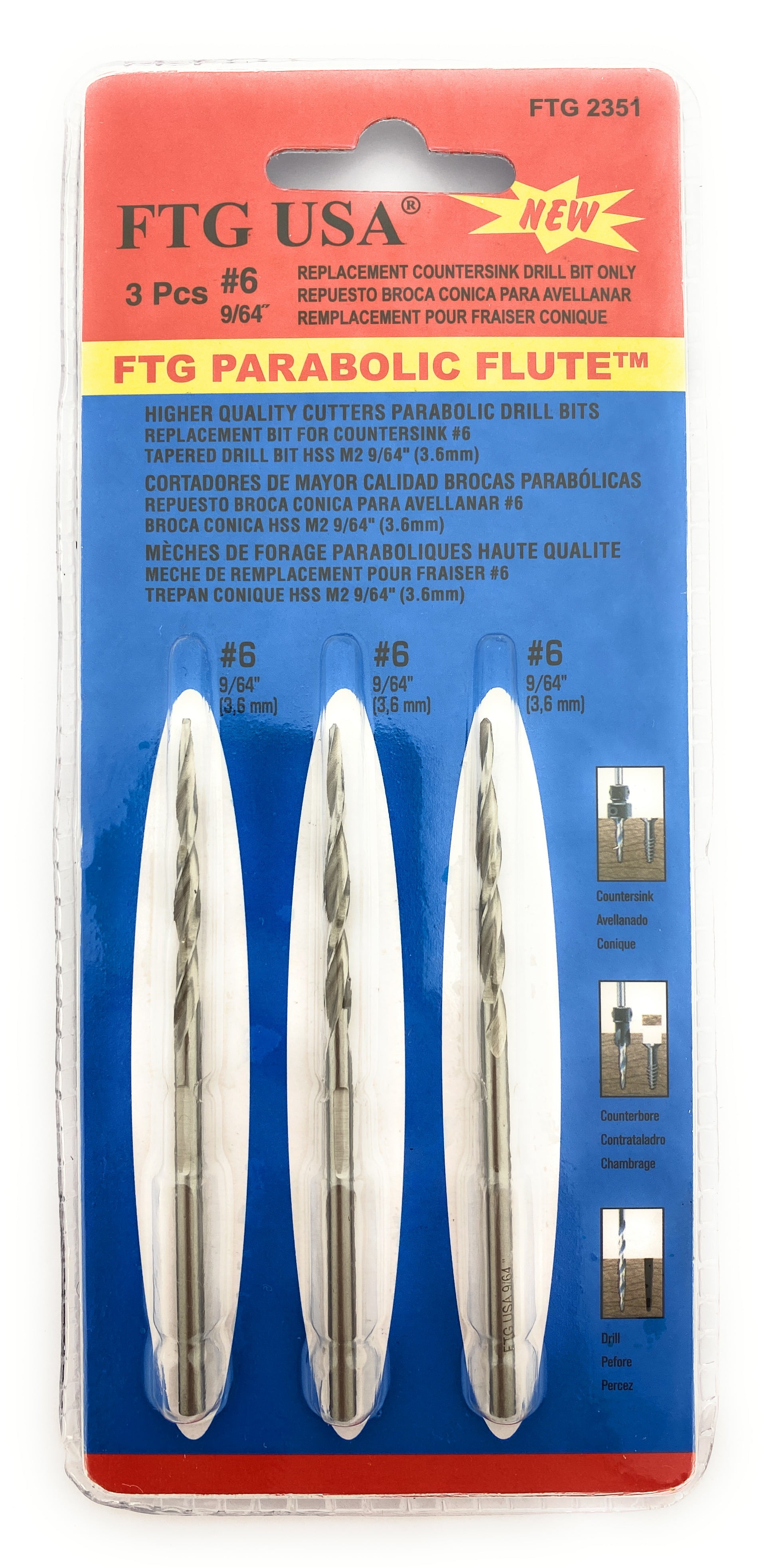 FTG USA Replacement Countersink Drill Bit 3 Pc (6) 9/64" Parabolic