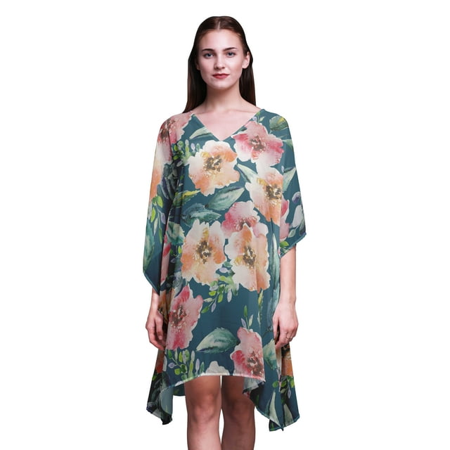 Bimba Kaftan de Plage Aquarelle, Paréo de Bikini, Robe Midi pour Femmes, Caftan Court - 4X-5X