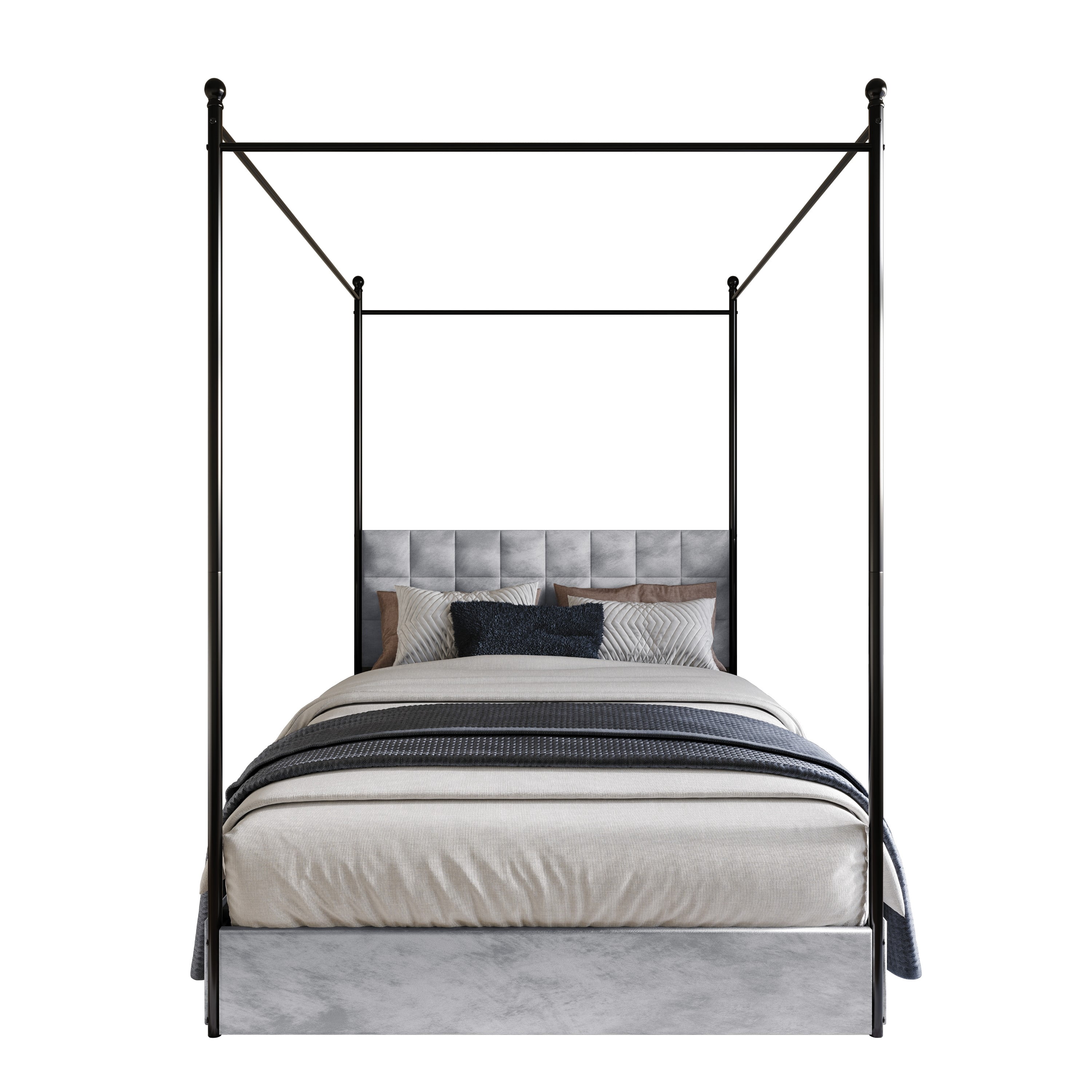 Home Design Hobart King Upholstered Metal Storage Canopy Bed Frame with Square-Tufted Headboard and Four Under-Bed Drawers, Silver Gray, Easy Assembly