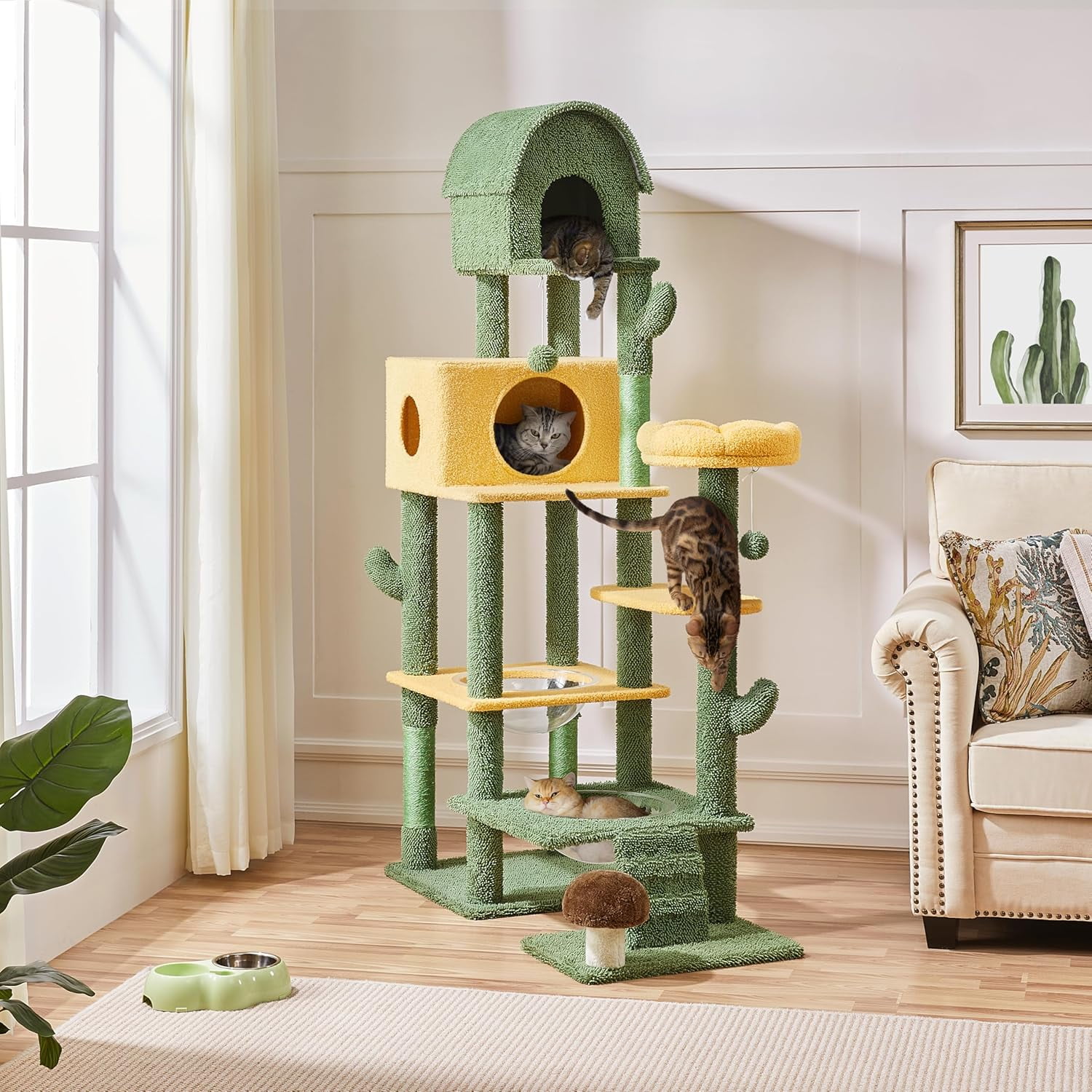 WSWJY 68.5in Tall Cactus Cat Tree, Multi-Level Tower with 2 Large Condos, Scratching Posts, 2 Acrylic Clear Bowls, Mushroom Perch & Dangling Balls