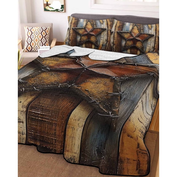 Farmhouse Retro Full Size Down Alternative Comforter, Lightweight Comforter Quilt Bedding Set with Pillow Shams Brown Country Texas Star Wooden Grain All Seasons Bed Comforter Duvet Insert 78"x90"