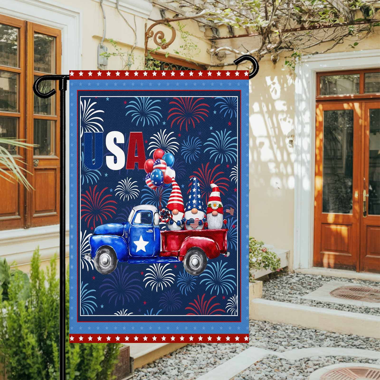 4th of July Garden Flags Patriotic Gnome Truck Garden Flag Double Sided Welcome Flag USA Flag Stars Balloon Independence Day Yard Flags for Outdoor Lawn Porch Memorial Day Holiday Decor 28x40 Inch