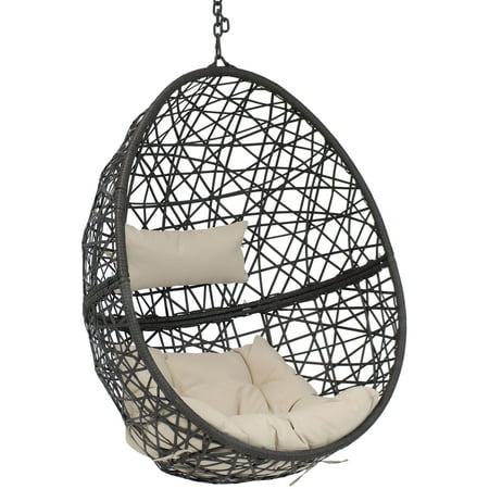 Sunnydaze Outdoor Resin Wicker Patio Caroline Lounge Hanging Basket Egg Chair with Cushions - Beige - 2pc