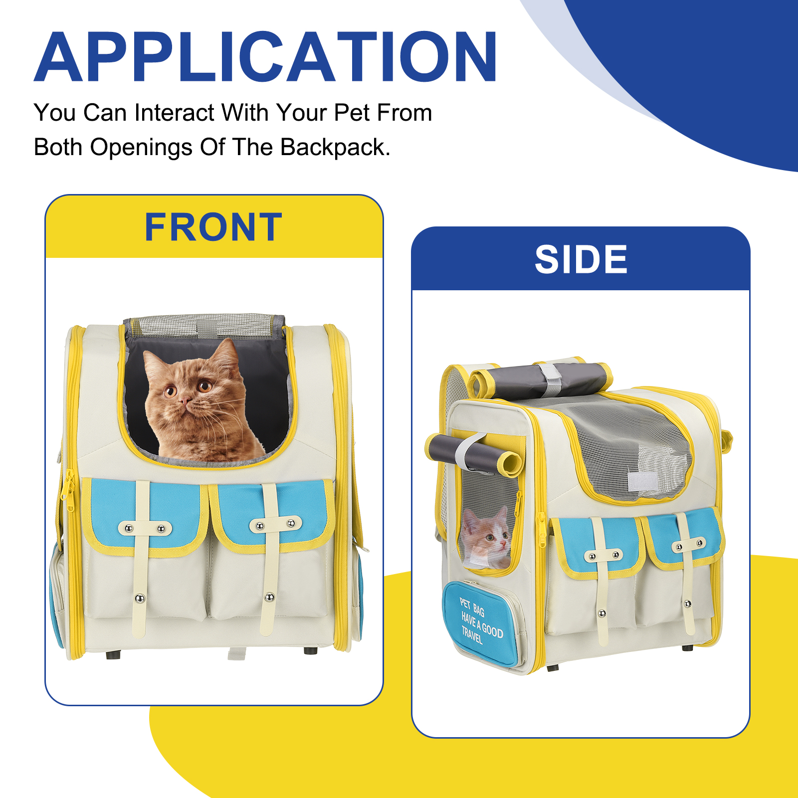 Uxcell Pet Backpack Carrier, Portable and Ventilated, Oxford Cloth, Dogs Cats and Small Animals Travel Bag 16.93", (Beige, Yellow, Blue, 1 Pcs), Intended for Hiking / Camping / Traveling