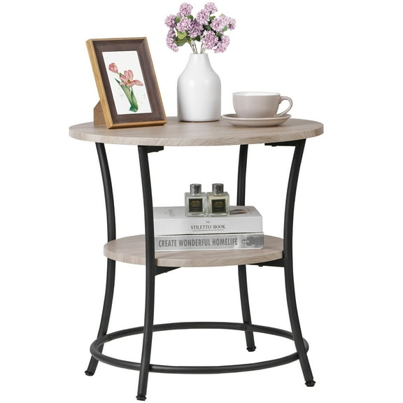 ZENY Round End Table, Coffee Table Side Table with 2 Storage Shelves for Bedroom Living Room Small Space Gray