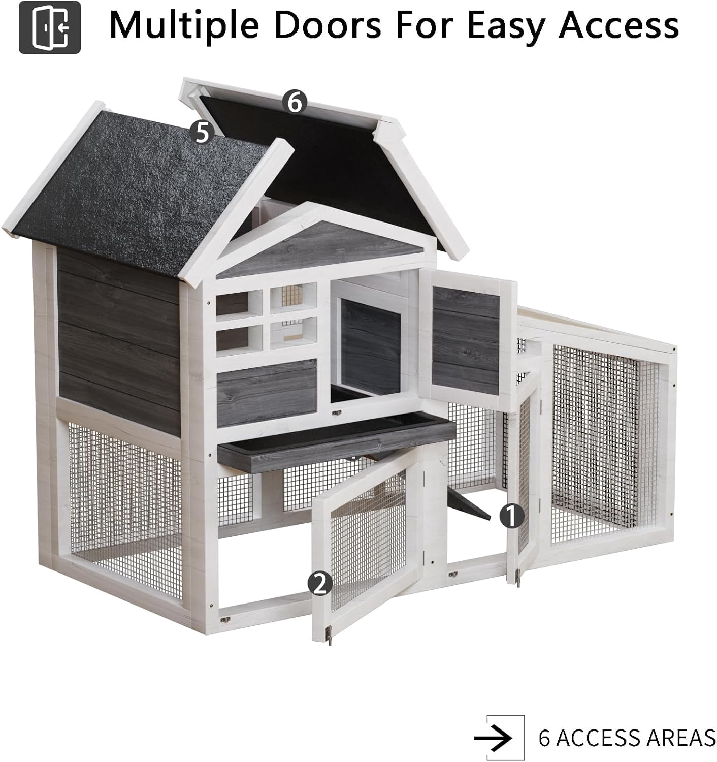 Wooden Rabbit Hutch Indoor and Outdoor, Large Rabbit Cage Chicken Coop Expandable, Weatherproof Bunny Cage with Anti-Chew Metal Frame Ramp for Backyard Small Animals, Grey