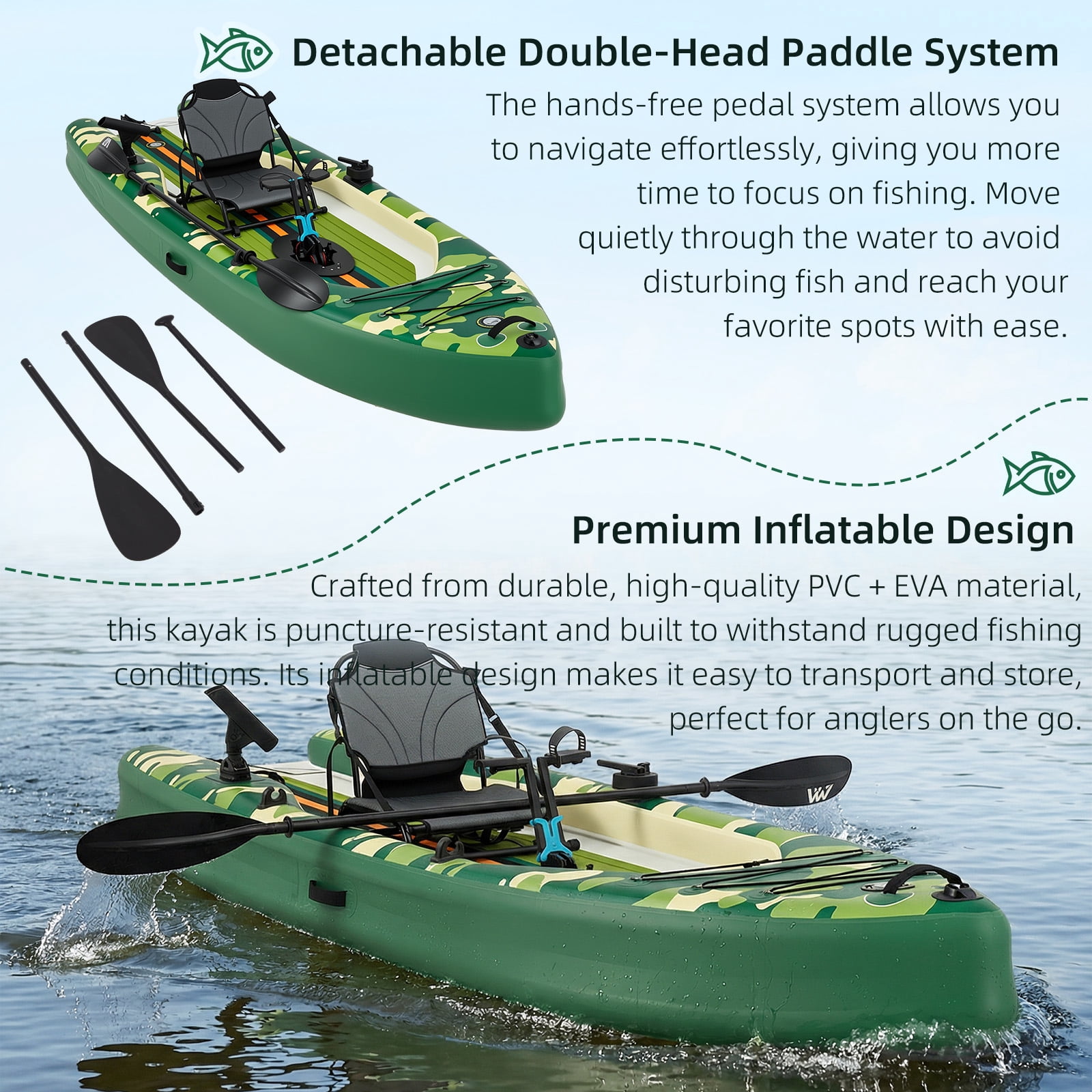 Bezliving Inflatable Kayak with Pedal System, 12ft Premium PVC Fishing Kayak, with Aluminum Seat, Rudder System, Motor Mounting Board, and Accessories Included, Green & Camouflage