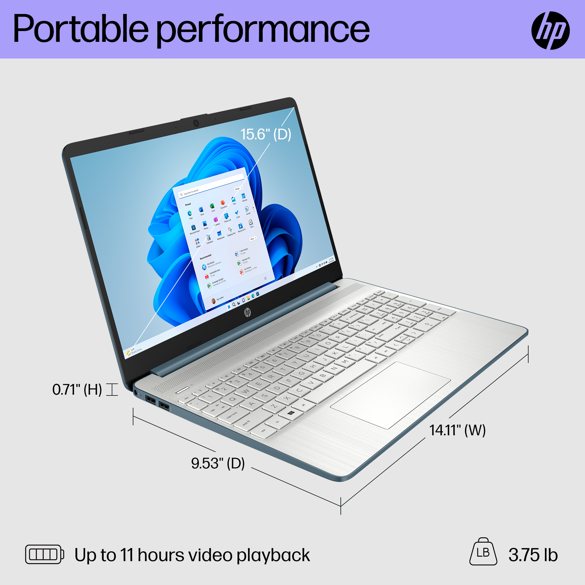 HP 15.6" Laptop, Intel Core i3-1115G4, 8GB RAM, 256GB SSD, Spruce Blue, Windows 11 Home in S mode, 15-dy2792wm - image 5 of 11