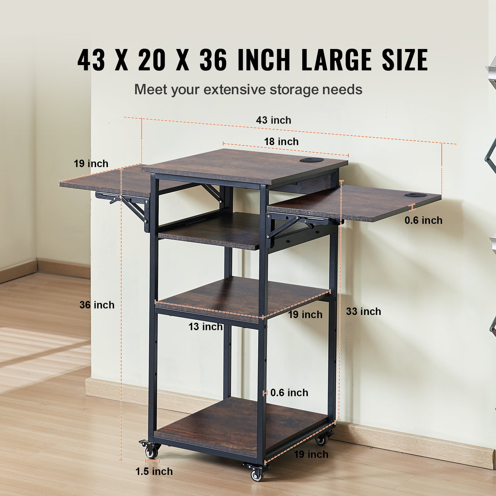 VEVOR Heat Press Table with Charging Station, 4 Tier Movable Heat Press Stand, Foldable Heat Transfer Machine Stand with Wheels, Rolling Metal Workbench for Sublimation Transfer Machine, Brown